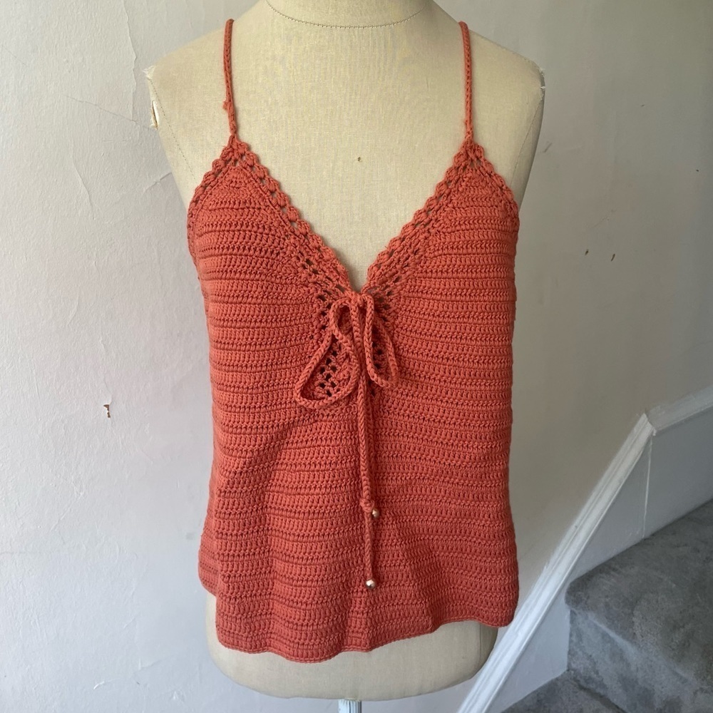 Intermix Burnt Orange Terracotta Lace Up Crochet Knit Boho Hippie Tank Top EUC S